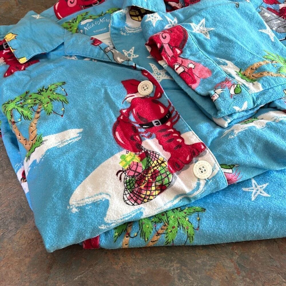 Nick & Nora Santa Claws Flannel Pajama Set Holiday Christmas Lobster Santa Seaho - Picture 4 of 10